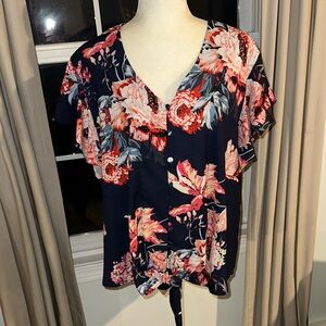 Floral Navy Blouse with Pink Accents
